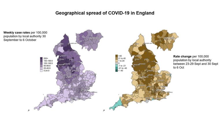 Map showing the rate of weekly coronavirus cases (left) and rate change (right)