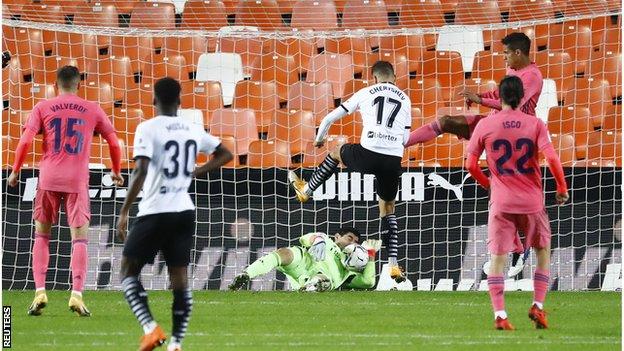 Valencia lead 2-1 against Real Madrid thanks to an own goal by Rafael Varane