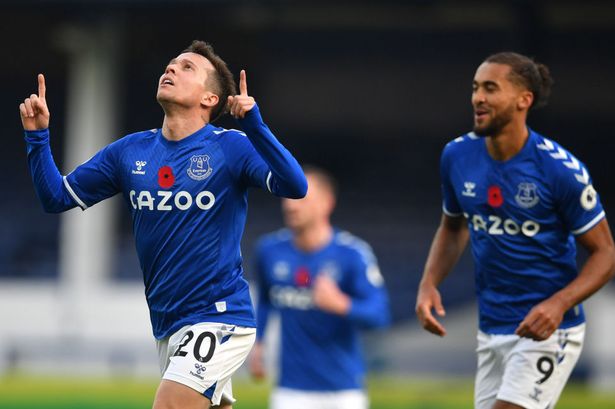 Bernard of Everton celebrated after scoring his team's first goal during the Premier League match between Everton and Manchester United at Goodison Park